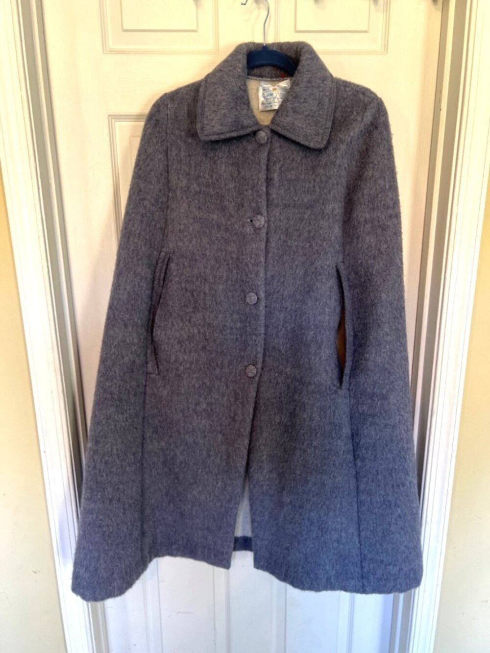 Vintage French Blue Wool Overcoat Cape Cloak Laine 40 8/M - Picture 2 of 11